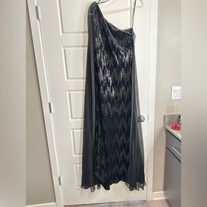 Calvin Klein Black One-Shoulder Sequin Evening Gown with Sheer Cape Size 8